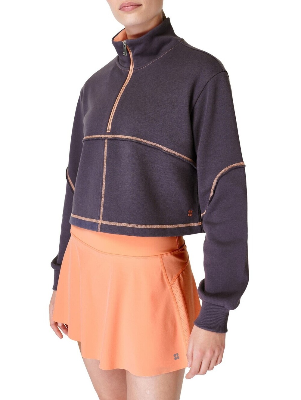 Sweaty Betty Revive 1/2 Zip Crop Sweatshirt W 8 Charcoal-purple Peach Raw-edge